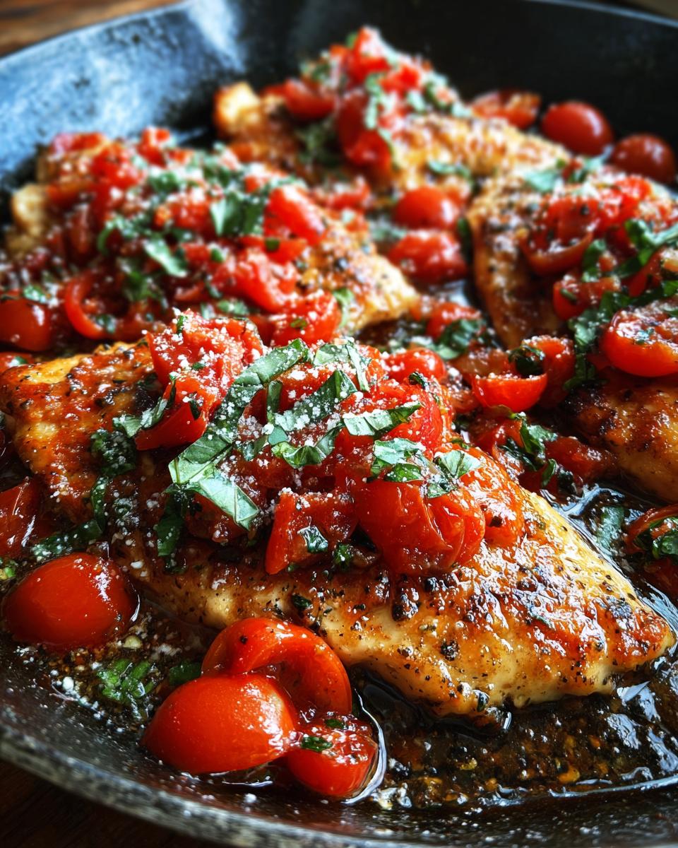 Close-up of pan-seared Bruschetta chicken topped with fresh tomatoes and basil in a cast iron skillet.