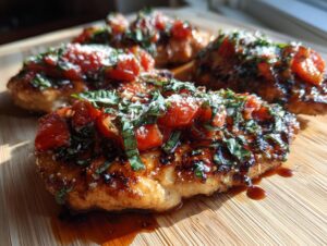 Close-up of perfectly cooked Bruschetta chicken topped with fresh tomatoes, basil, and a sprinkle of cheese.