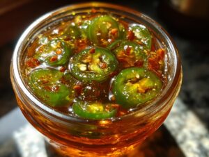 Close-up view of sliced candied jalapenos swimming in a sweet, amber syrup in a glass jar.