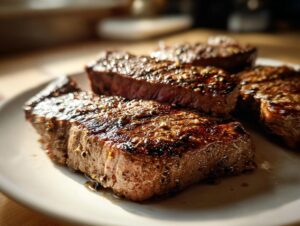 Close-up of juicy, grilled carne asada steak slices on a white plate, showing a flavorful crust.