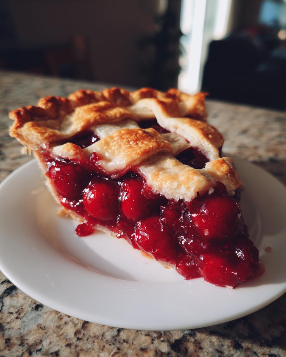 A close-up of a delicious slice of cherry pie with a golden lattice crust, showcasing the juicy cherry filling.