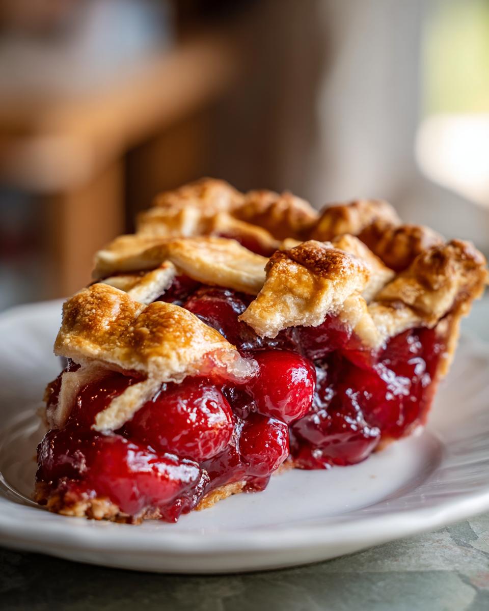 Close-up of a slice of perfect cherry pie with a golden lattice crust and a juicy cherry filling.