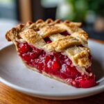 A delicious slice of cherry pie with a golden lattice crust, showcasing the vibrant red cherry filling.