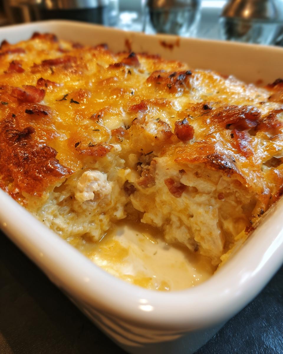 Close-up of a bubbling chicken bacon ranch casserole in a white baking dish, with golden cheese and crispy bacon.