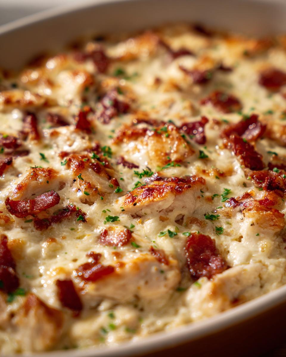 Close-up of a creamy chicken bacon ranch casserole topped with crispy bacon and fresh parsley.