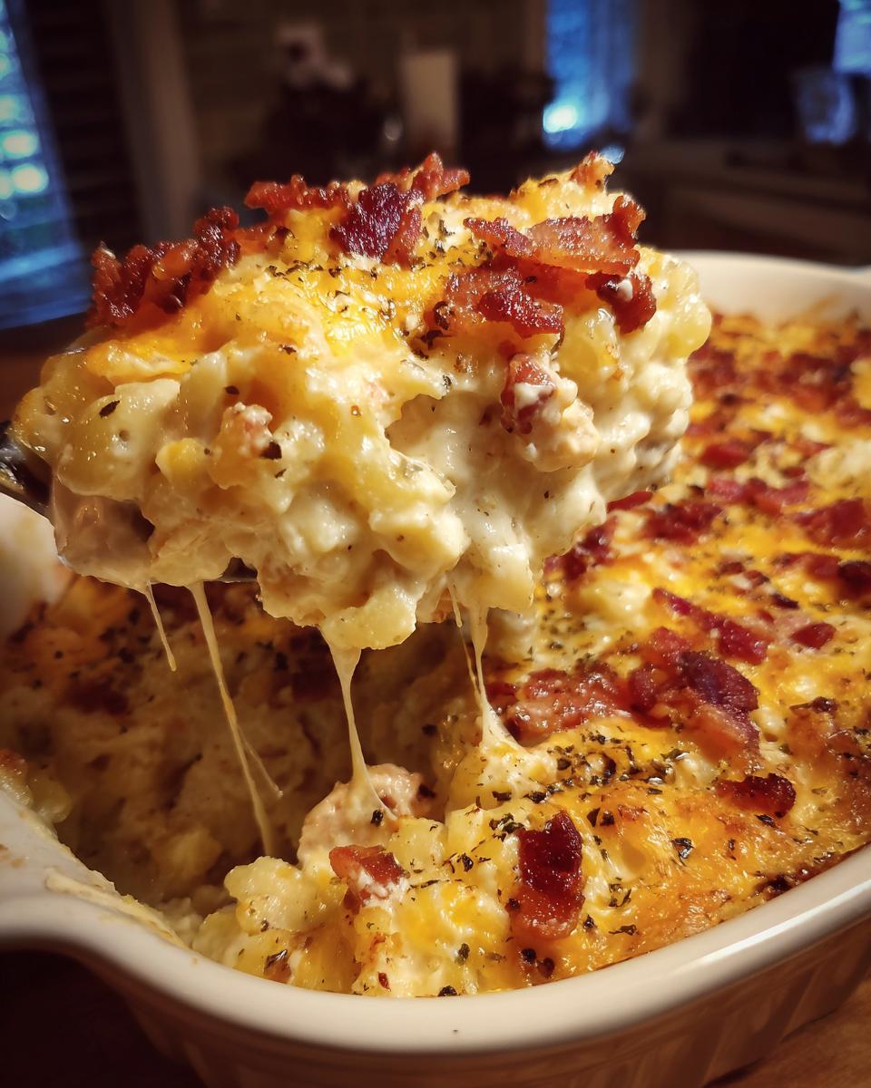 A scoop of cheesy Chicken Bacon Ranch Casserole being lifted from a baking dish, showing melted cheese strings.