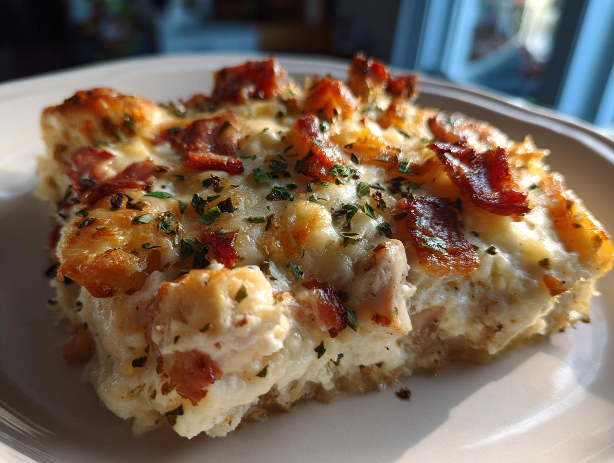 A close-up of a slice of chicken bacon ranch casserole, topped with melted cheese and crispy bacon.