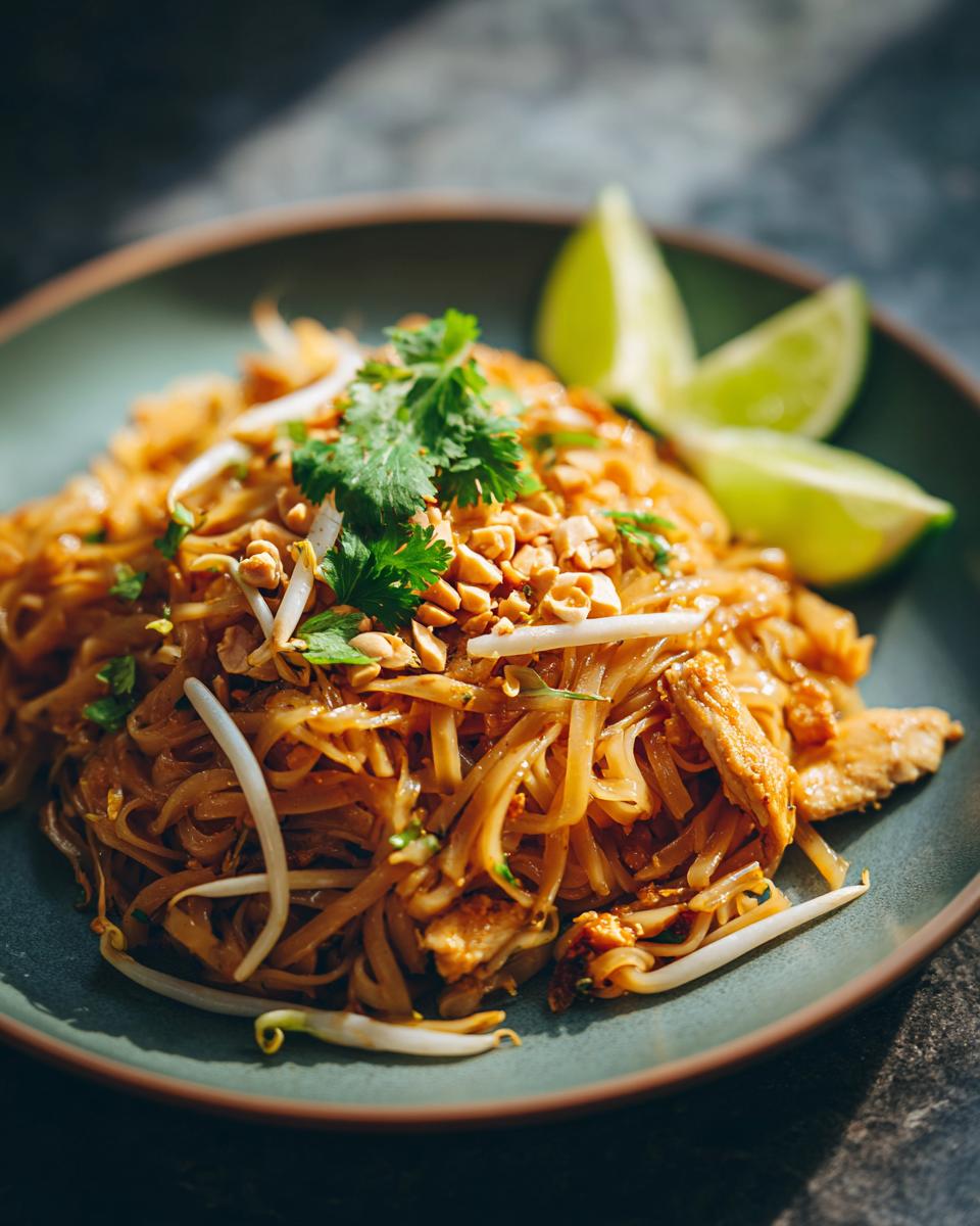 A close-up of a plate of Chicken Pad Thai, garnished with chopped peanuts, bean sprouts, cilantro, and lime wedges.