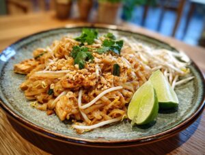 A close-up of a plate of Chicken Pad Thai, featuring noodles, chicken, bean sprouts, crushed peanuts, and lime wedges.