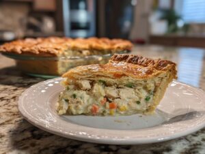 A delicious slice of golden chicken pot pie with flaky crust, tender chicken, and creamy vegetables on a white plate.