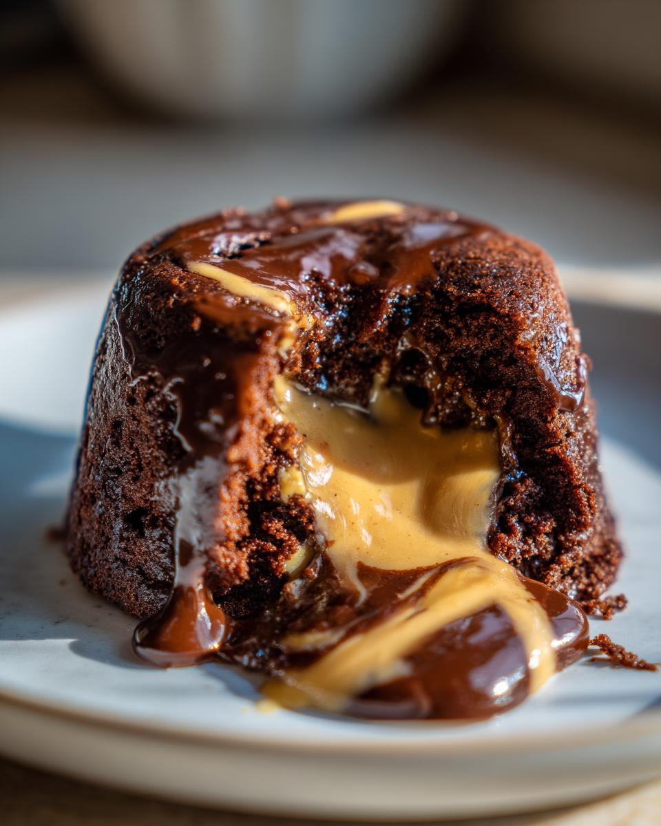 A rich chocolate protein mug cake with a molten peanut butter and chocolate center, drizzled with more chocolate.