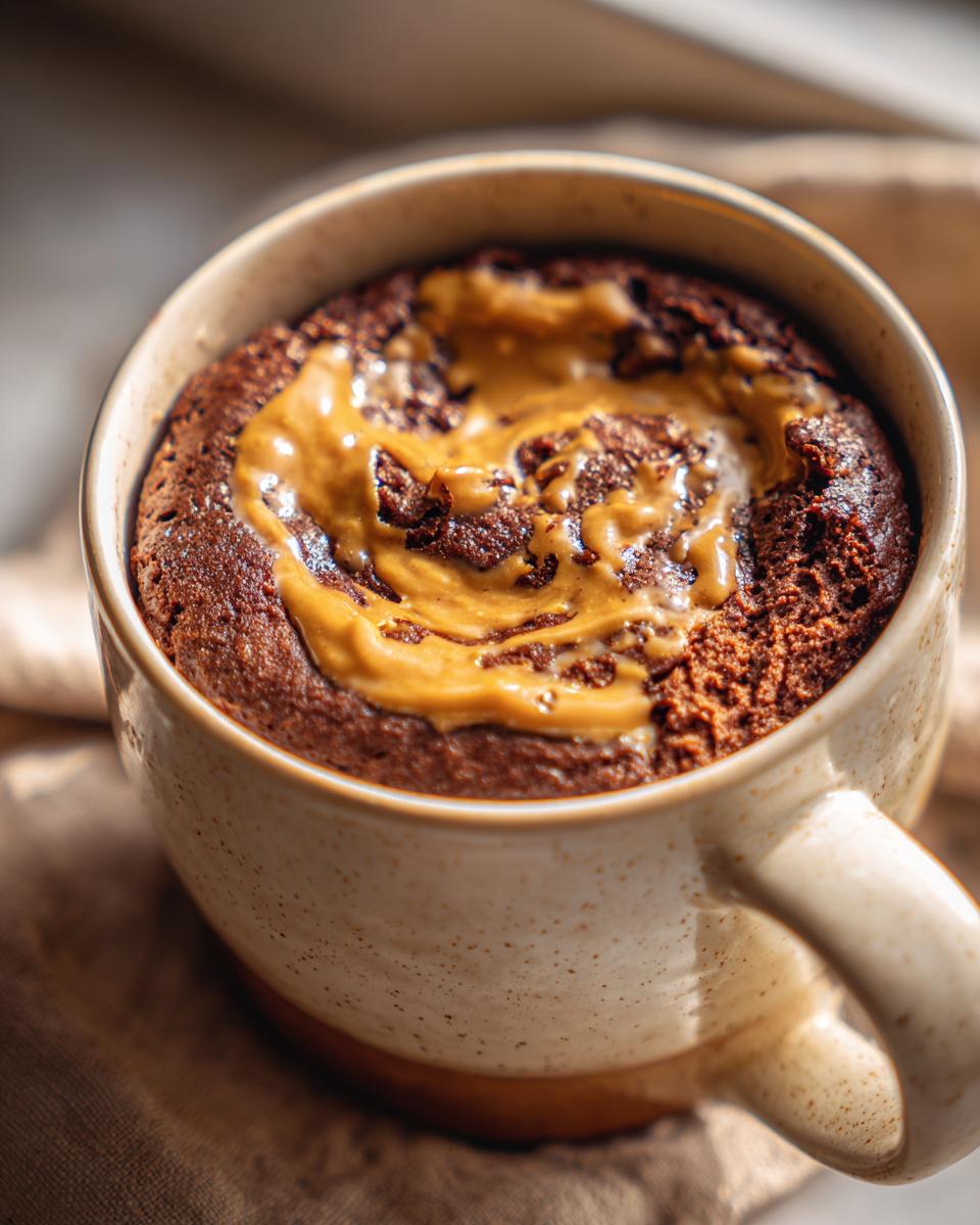 Close-up of a rich chocolate protein mug cake topped with swirls of peanut butter.
