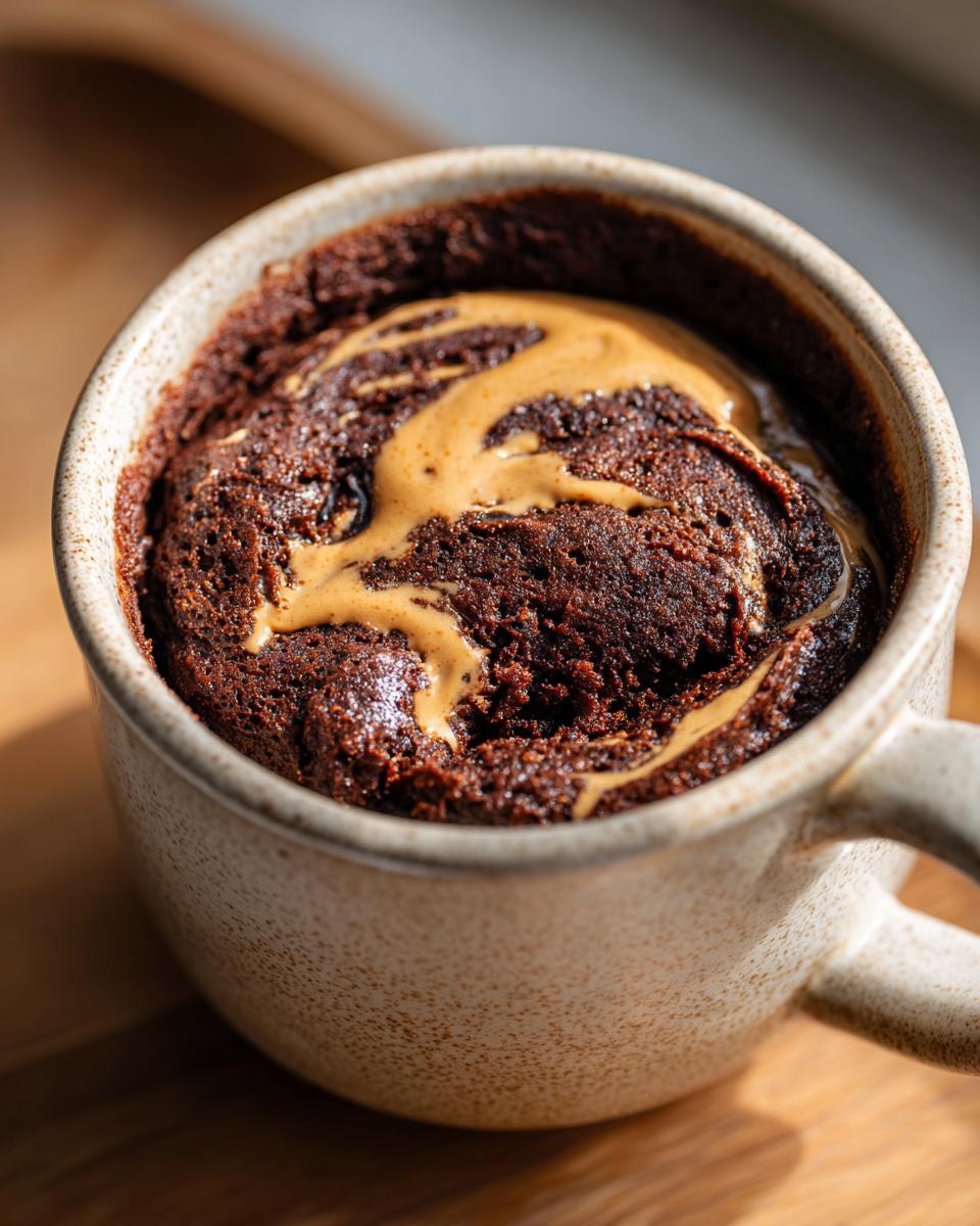 Close-up of a rich chocolate protein mug cake topped with a swirl of peanut butter.