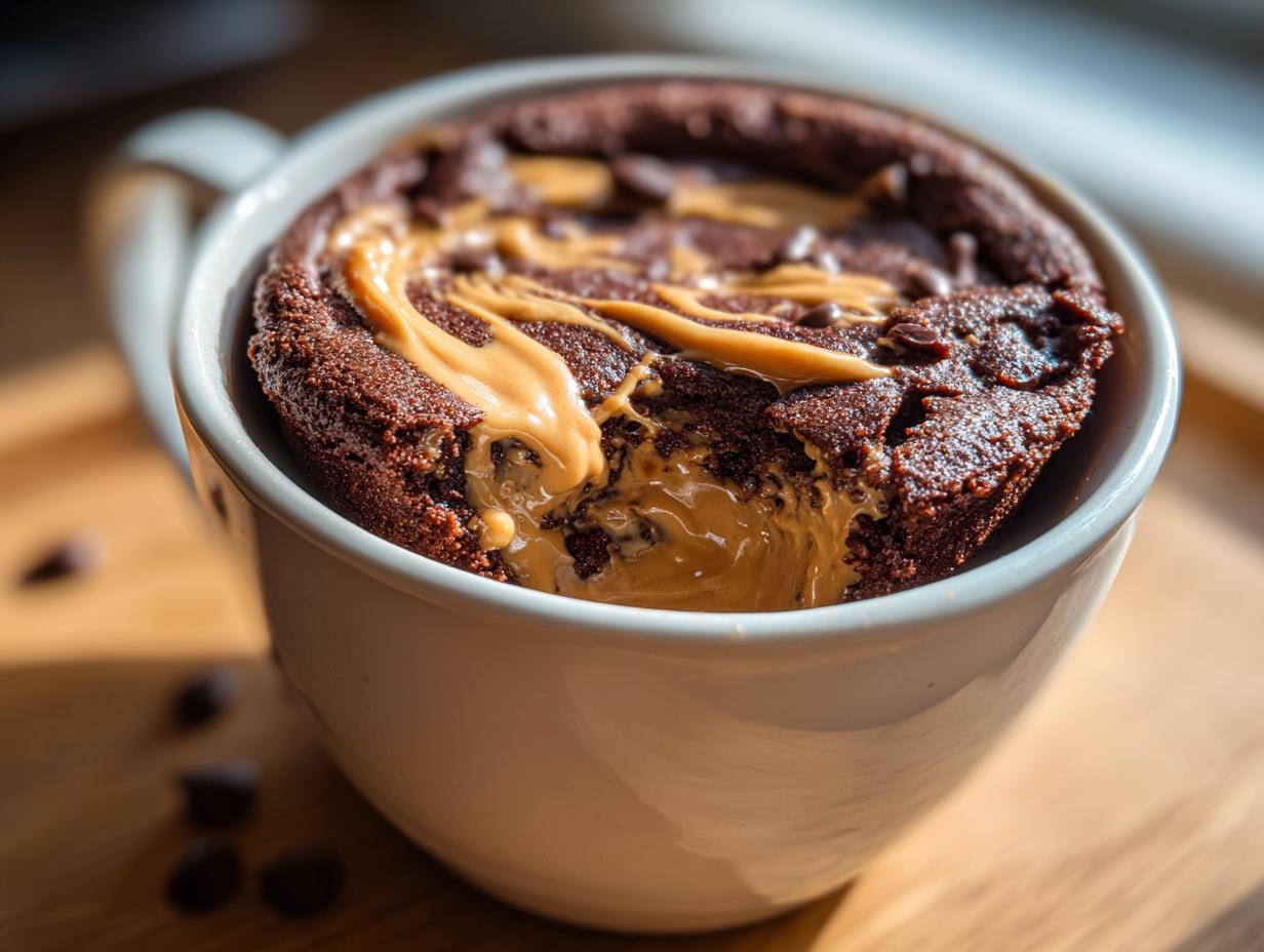 Close-up of a rich chocolate protein mug cake topped with swirls of peanut butter and chocolate chips.