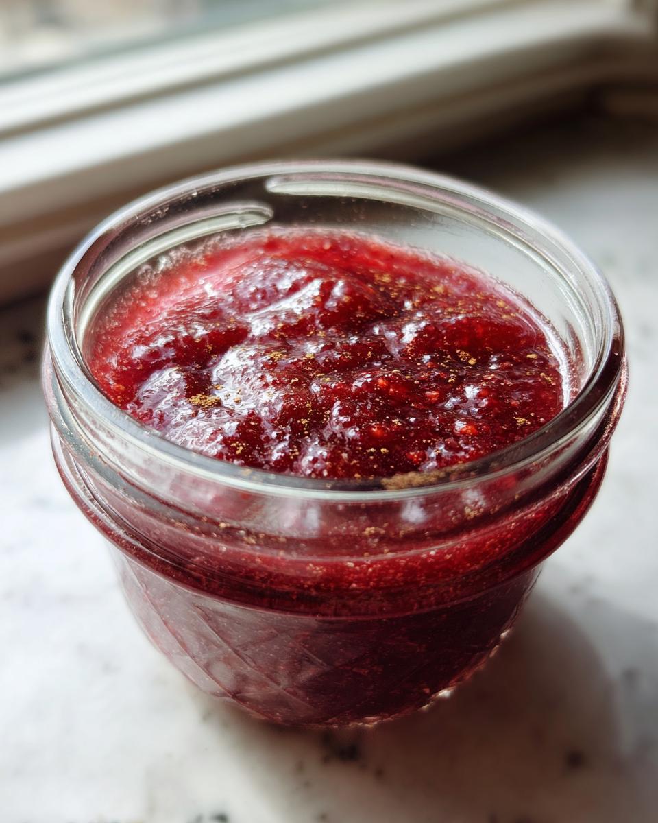 Close-up of a jar filled with glistening, ruby-red Christmas jam, lightly dusted with cinnamon.