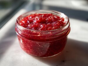 Close-up of a jar filled with vibrant red Christmas jam, showcasing its textured fruit pieces and glossy finish.