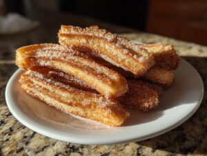 A close-up of a pile of freshly fried churros, coated in cinnamon sugar, on a white plate.