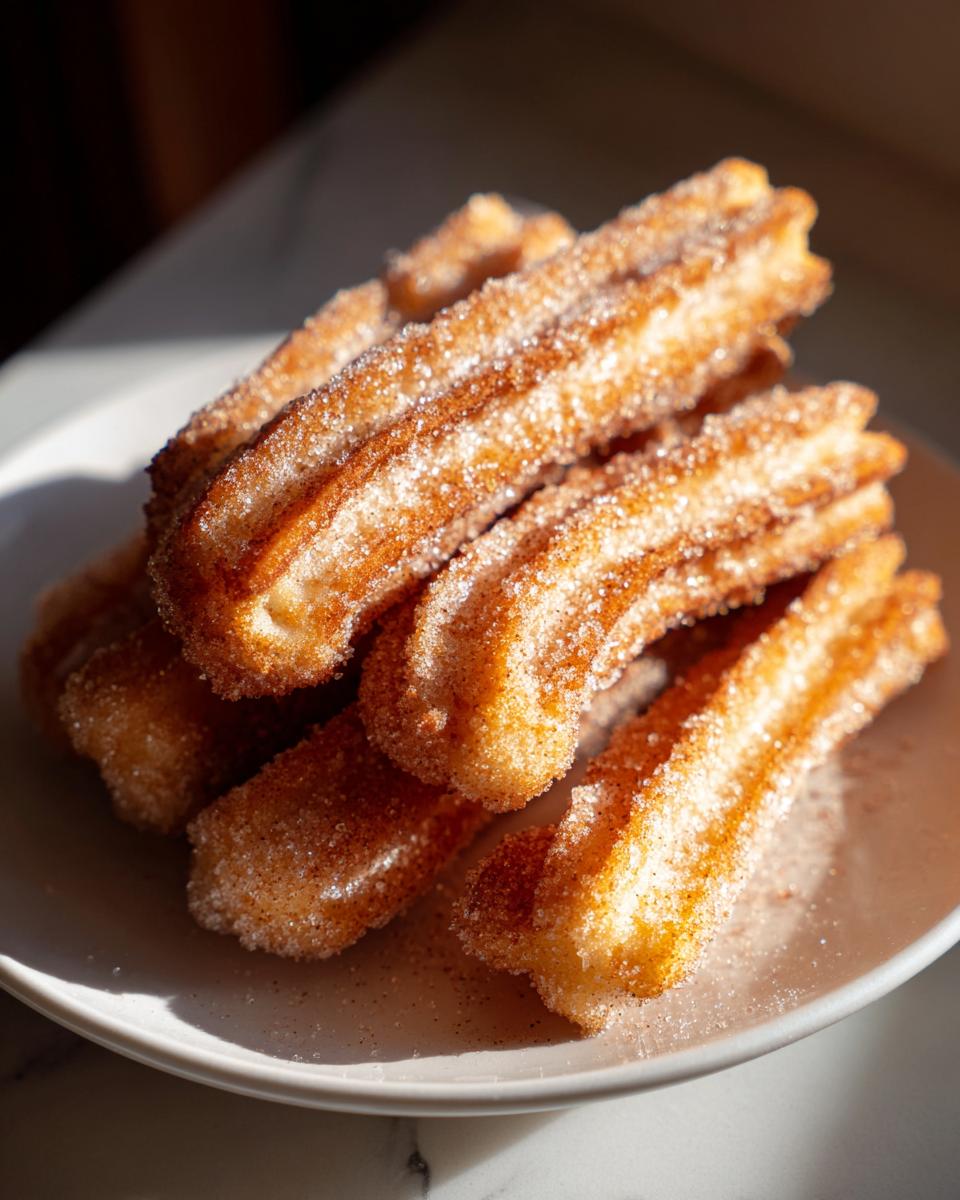 A close-up shot of a stack of freshly fried churros coated in cinnamon sugar, ready to be enjoyed.