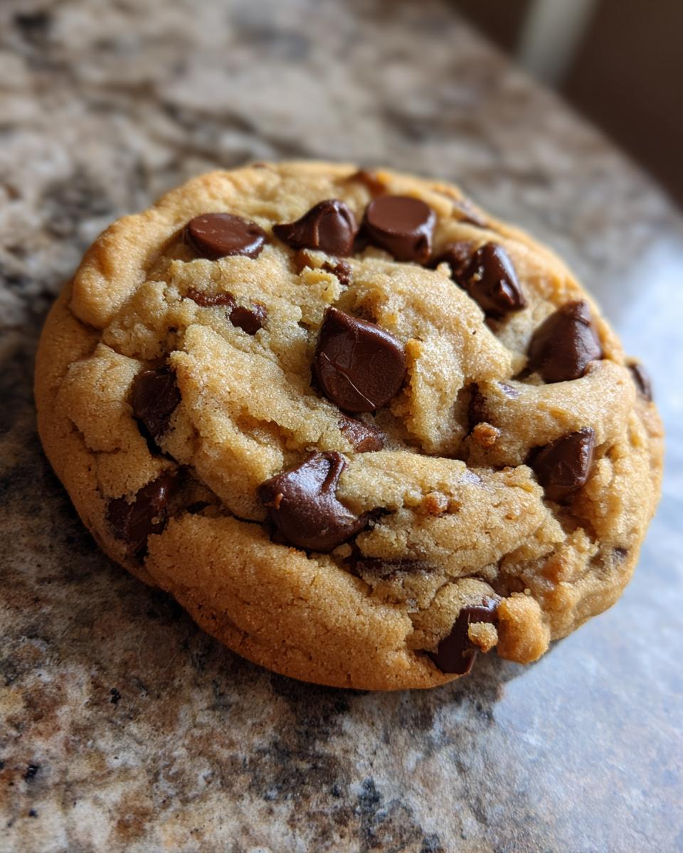 Close-up of a perfectly baked classic chocolate chip cookie with melty chocolate chips.