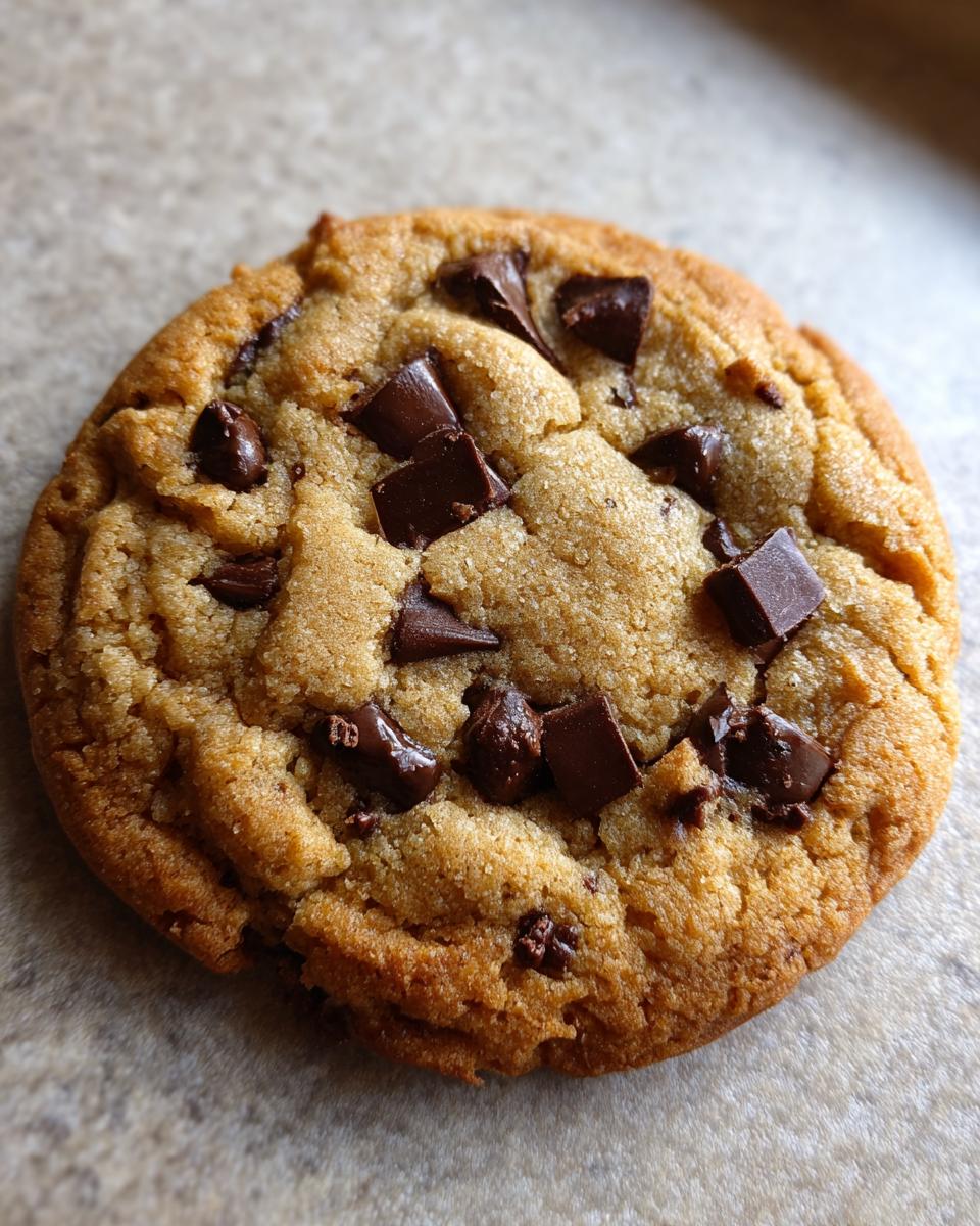 Close-up of a perfectly baked classic chocolate chip cookie with generous chocolate chunks.