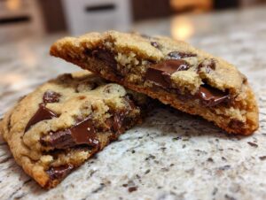 Close-up of a classic chocolate chip cookie broken in half, revealing gooey melted chocolate chips.
