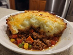 A close-up of a serving of Classic Shepherd's Pie, featuring a rich meat and vegetable filling topped with golden-brown mashed potatoes.