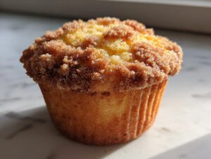 Close-up of a golden brown coffee cake muffin topped with a generous layer of cinnamon streusel.