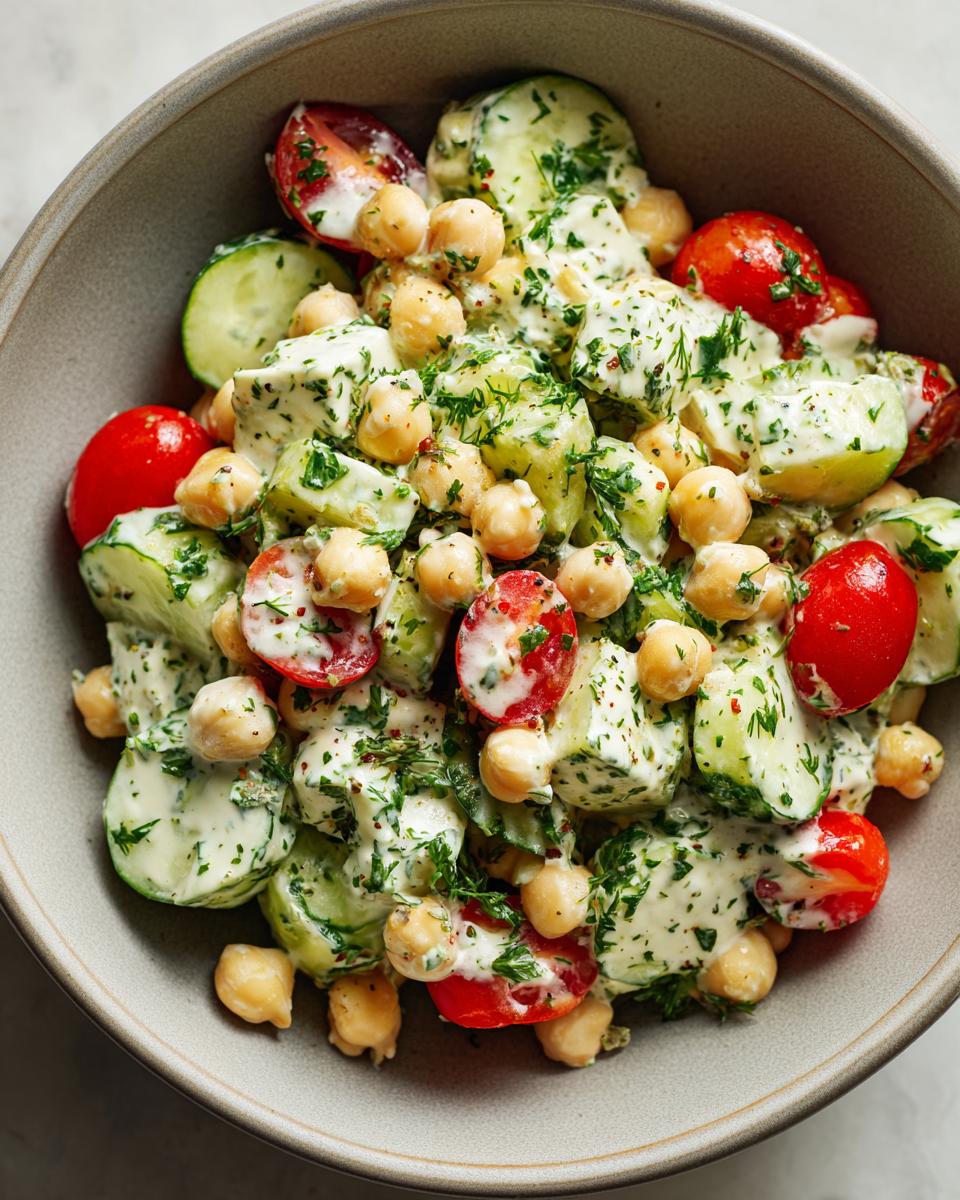 A close-up of a refreshing cottage cheese chickpea salad with sliced cucumbers, cherry tomatoes, and fresh herbs.