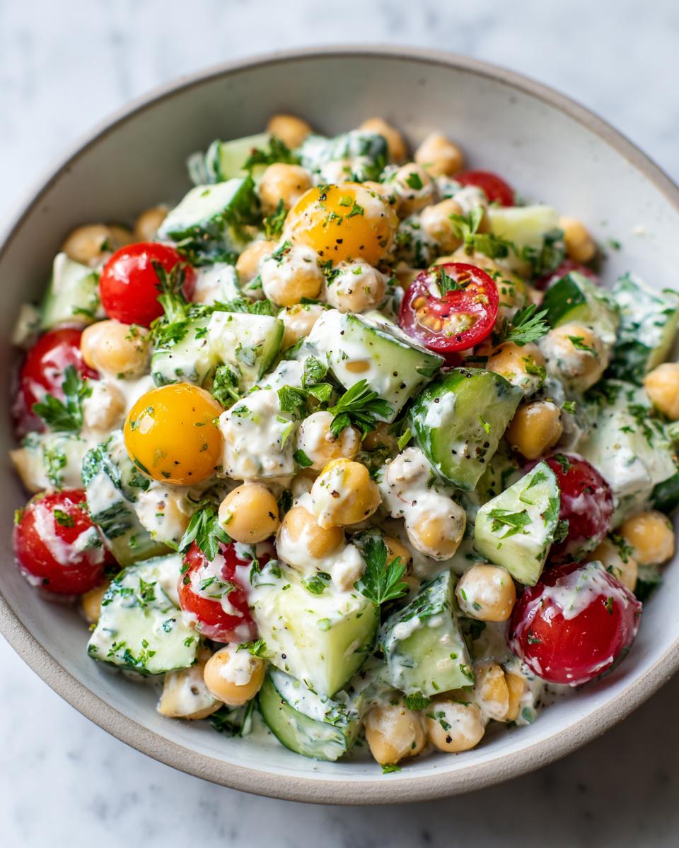 A close-up of a refreshing cottage cheese chickpea salad with chopped cucumber, cherry tomatoes, and fresh parsley.