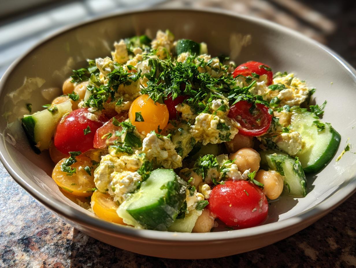 A bowl of cottage cheese chickpea salad featuring cherry tomatoes, cucumber slices, chickpeas, and fresh parsley.