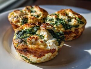 Three golden-brown Cottage Cheese Egg Cups With Spinach & Feta on a white plate, showcasing fluffy egg, green spinach, and white feta cheese.