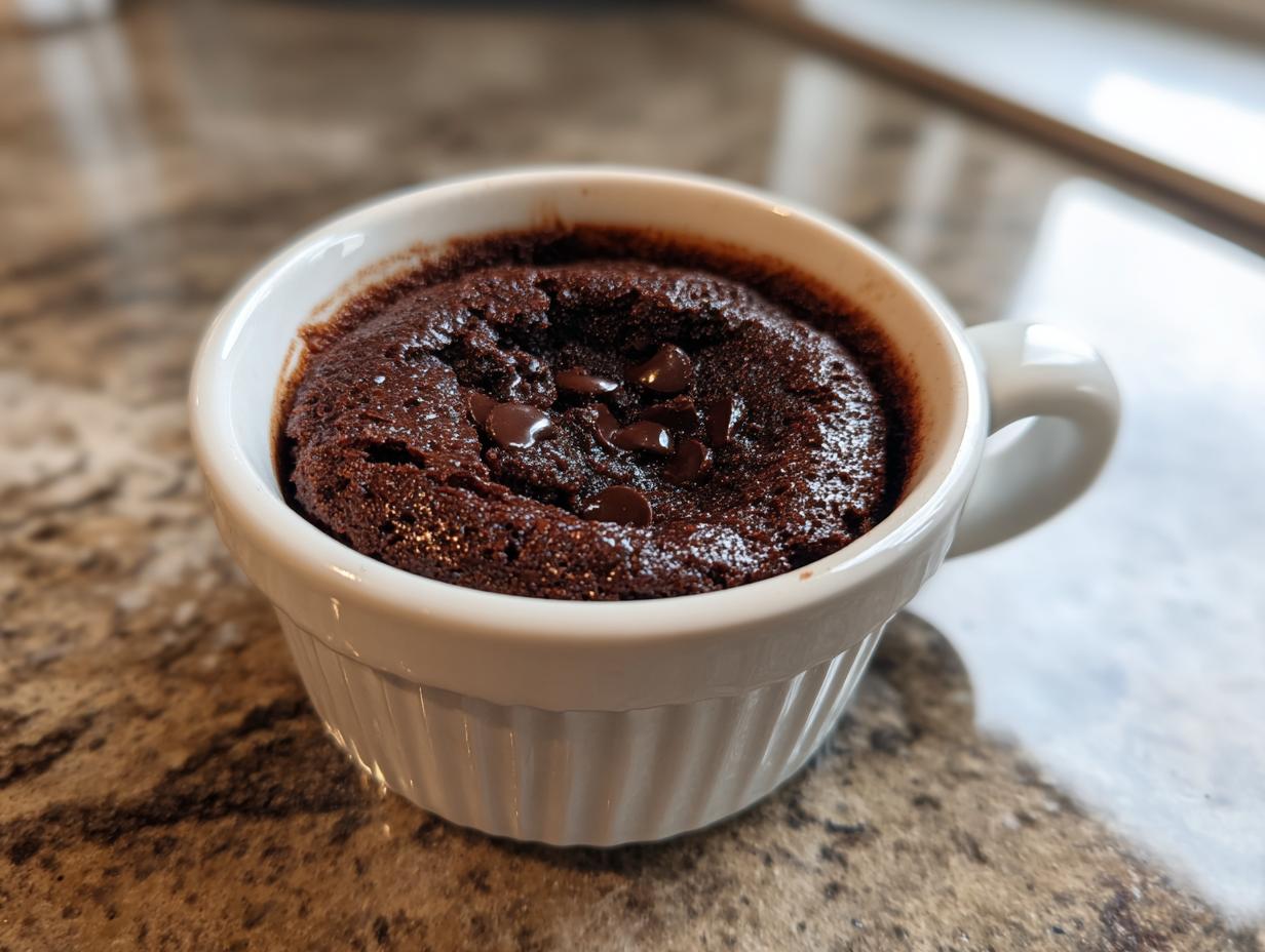 A rich chocolate Cottage Cheese Microwave Brownie baked in a white mug, topped with chocolate chips.
