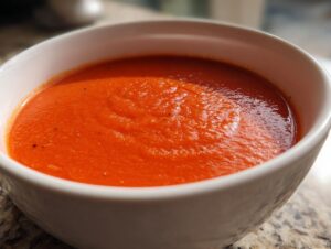 A close-up of a white bowl filled with vibrant, creamy cottage cheese tomato soup, seasoned with black pepper.
