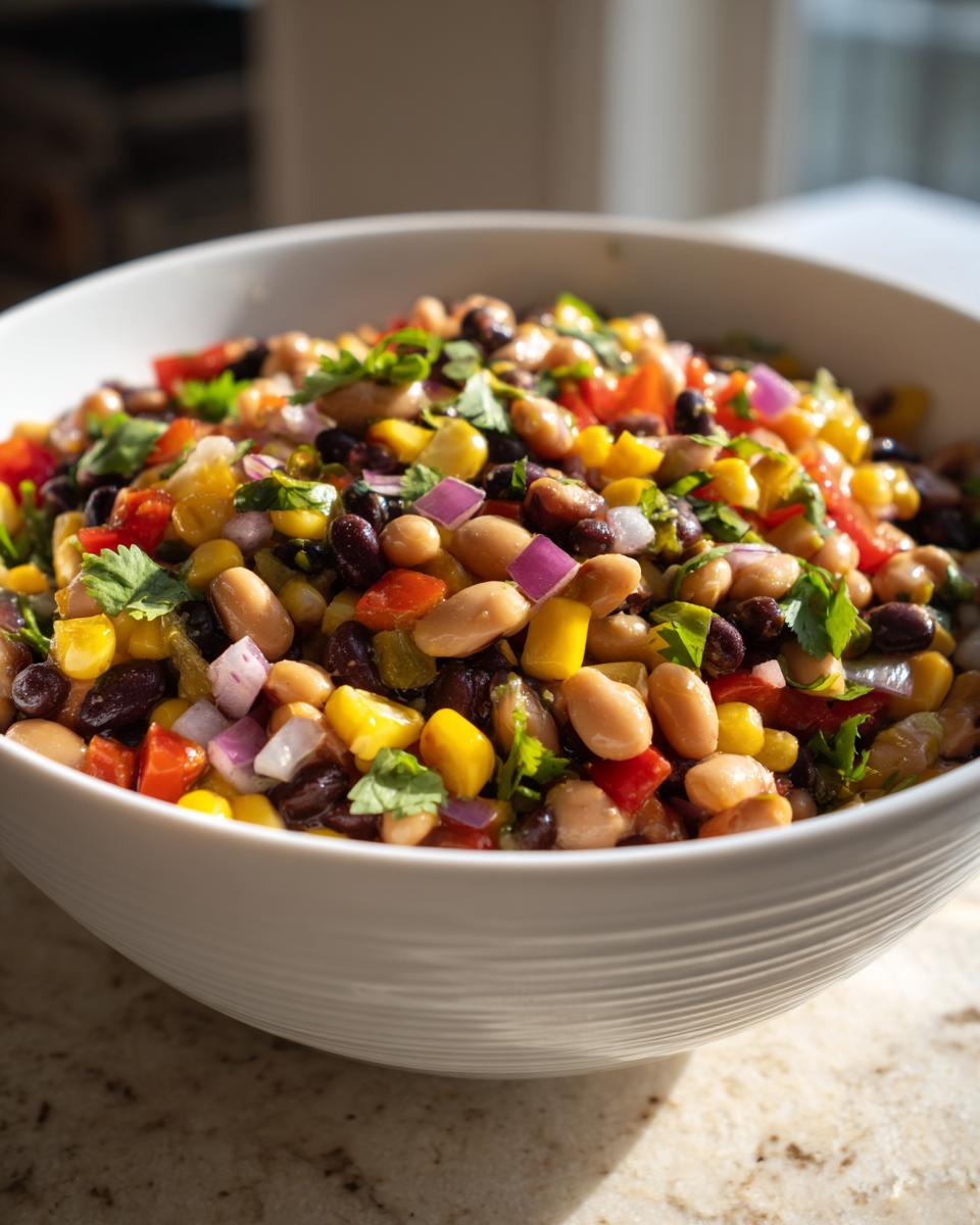 A close-up of a white bowl filled with colorful Cowboy Caviar, featuring black beans, pinto beans, corn, red onion, and cilantro.