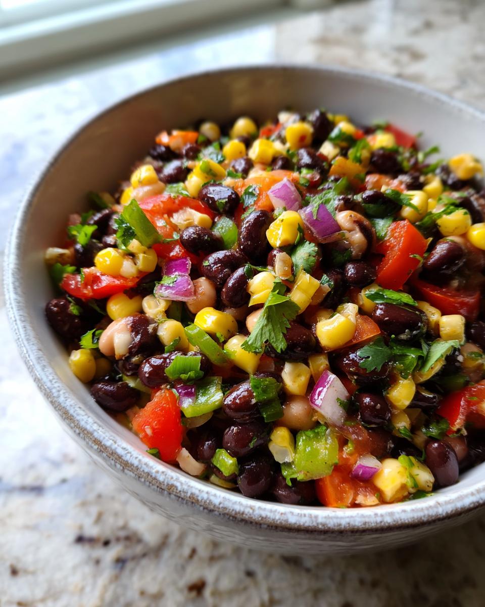 Close-up of a bowl filled with vibrant Cowboy Caviar, featuring black beans, corn, tomatoes, red onion, and cilantro.