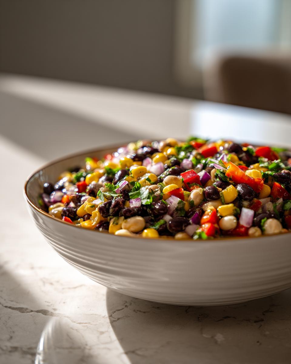 A close-up of a large white bowl filled with vibrant Cowboy Caviar, featuring black beans, corn, red bell peppers, and red onion.