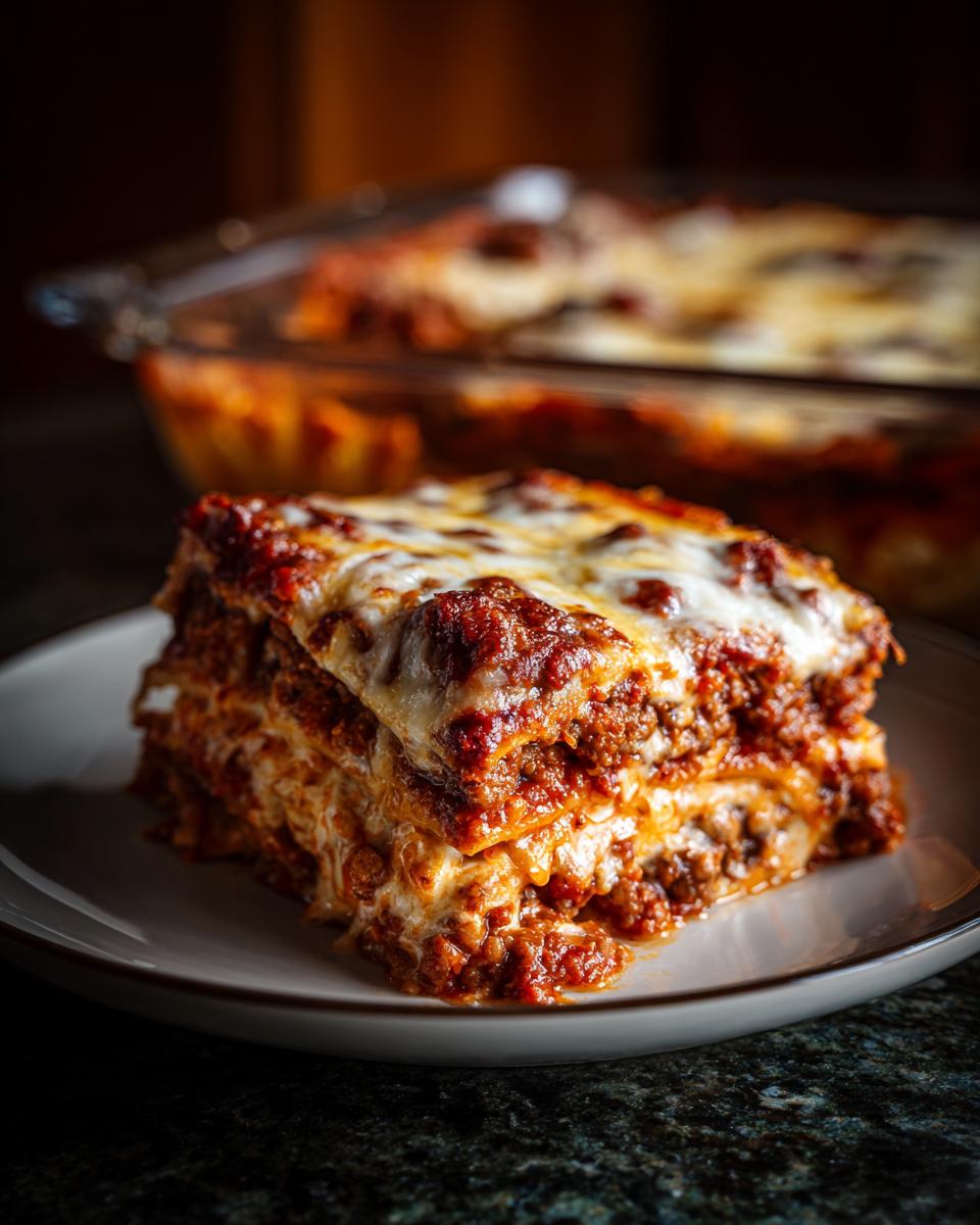 A delicious slice of creamy baked spaghetti casserole with layers of pasta, meat sauce, and melted cheese.