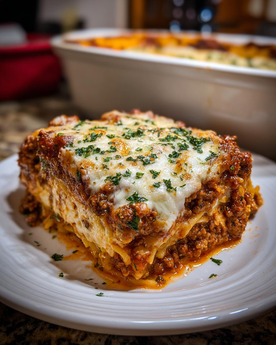 A delicious slice of creamy baked spaghetti casserole topped with melted cheese and parsley.