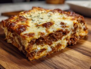 A close-up of a delicious slice of creamy baked spaghetti casserole with layers of pasta, meat sauce, and melted cheese.
