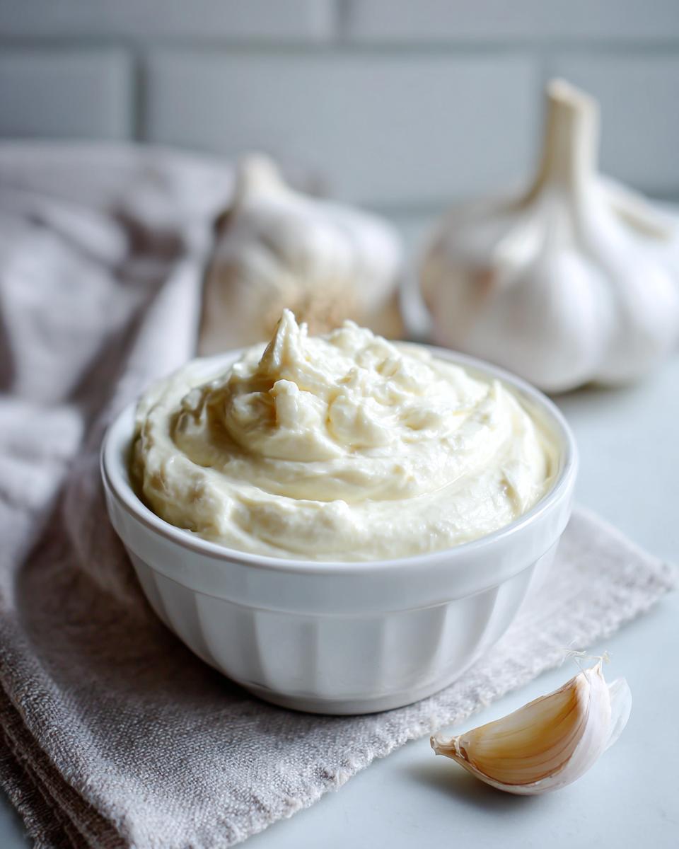A white bowl filled with creamy garlic aioli, with whole garlic bulbs and a single clove in the background.