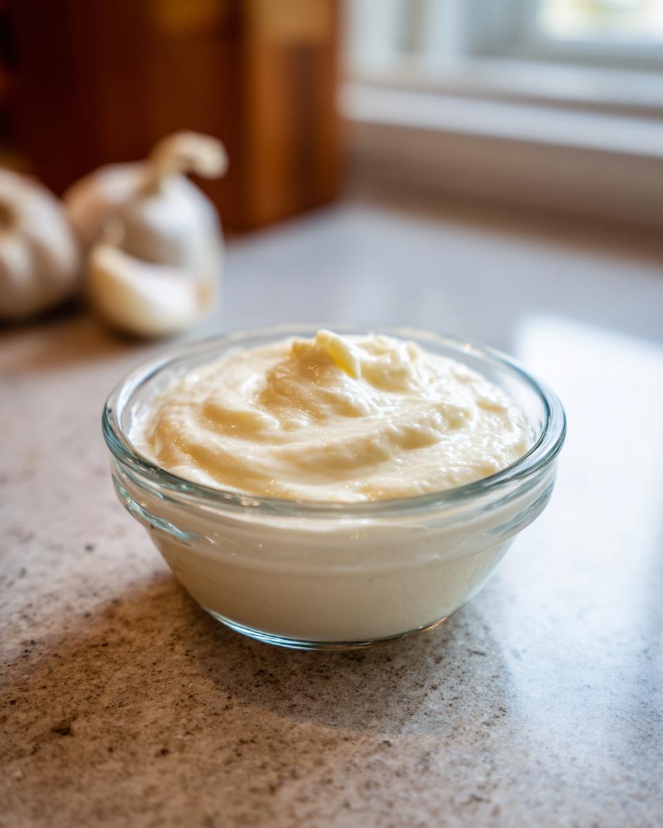 A close-up of creamy garlic aioli in a glass bowl, with garlic bulbs blurred in the background.