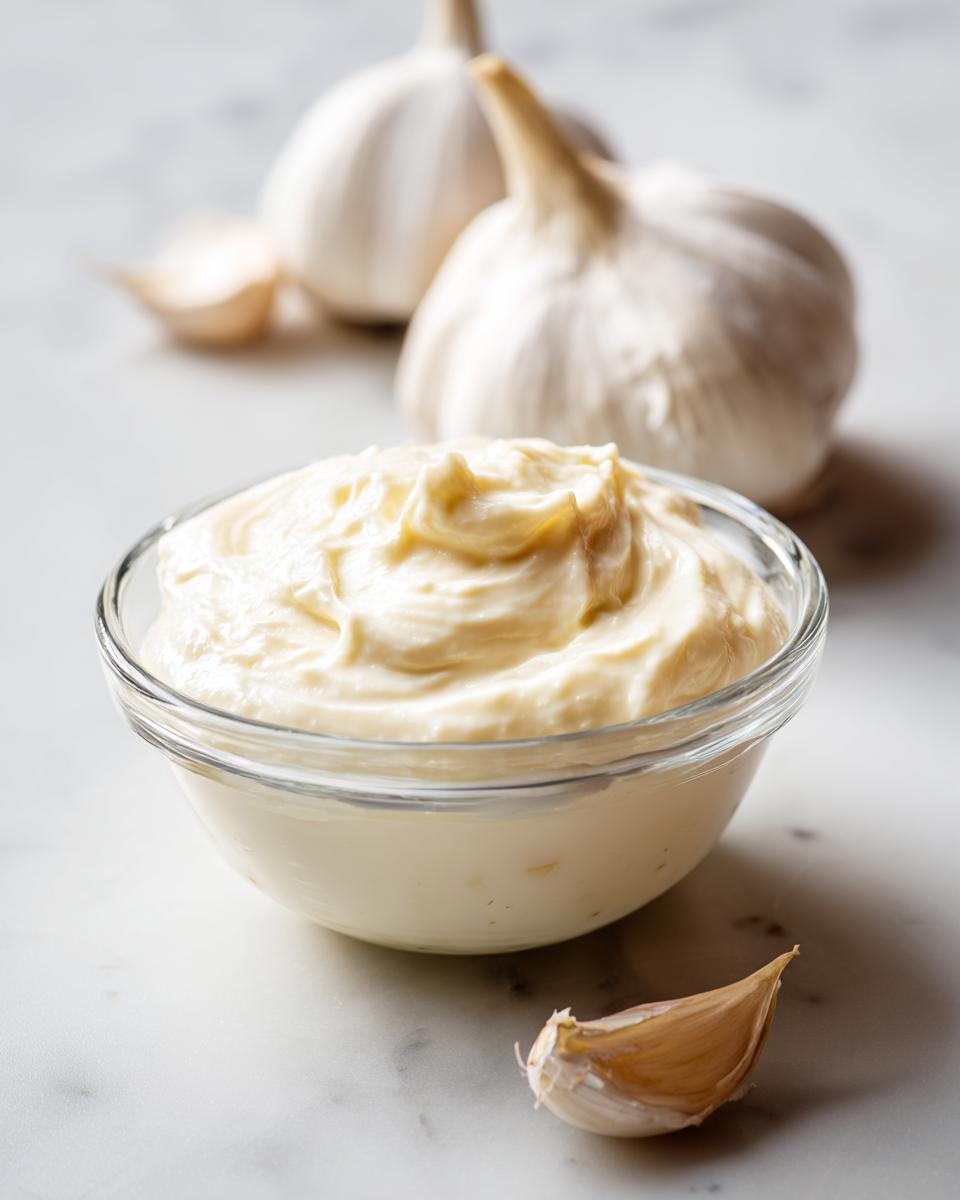 A close-up of creamy garlic aioli in a glass bowl, with whole garlic bulbs and a clove in the background.