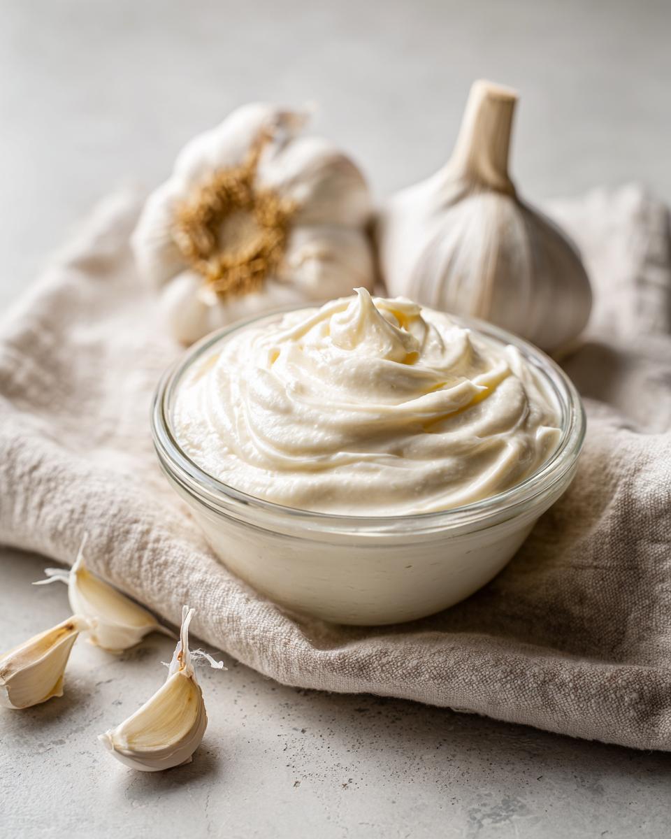 A bowl of creamy garlic aioli with fresh garlic cloves and bulbs in the background.