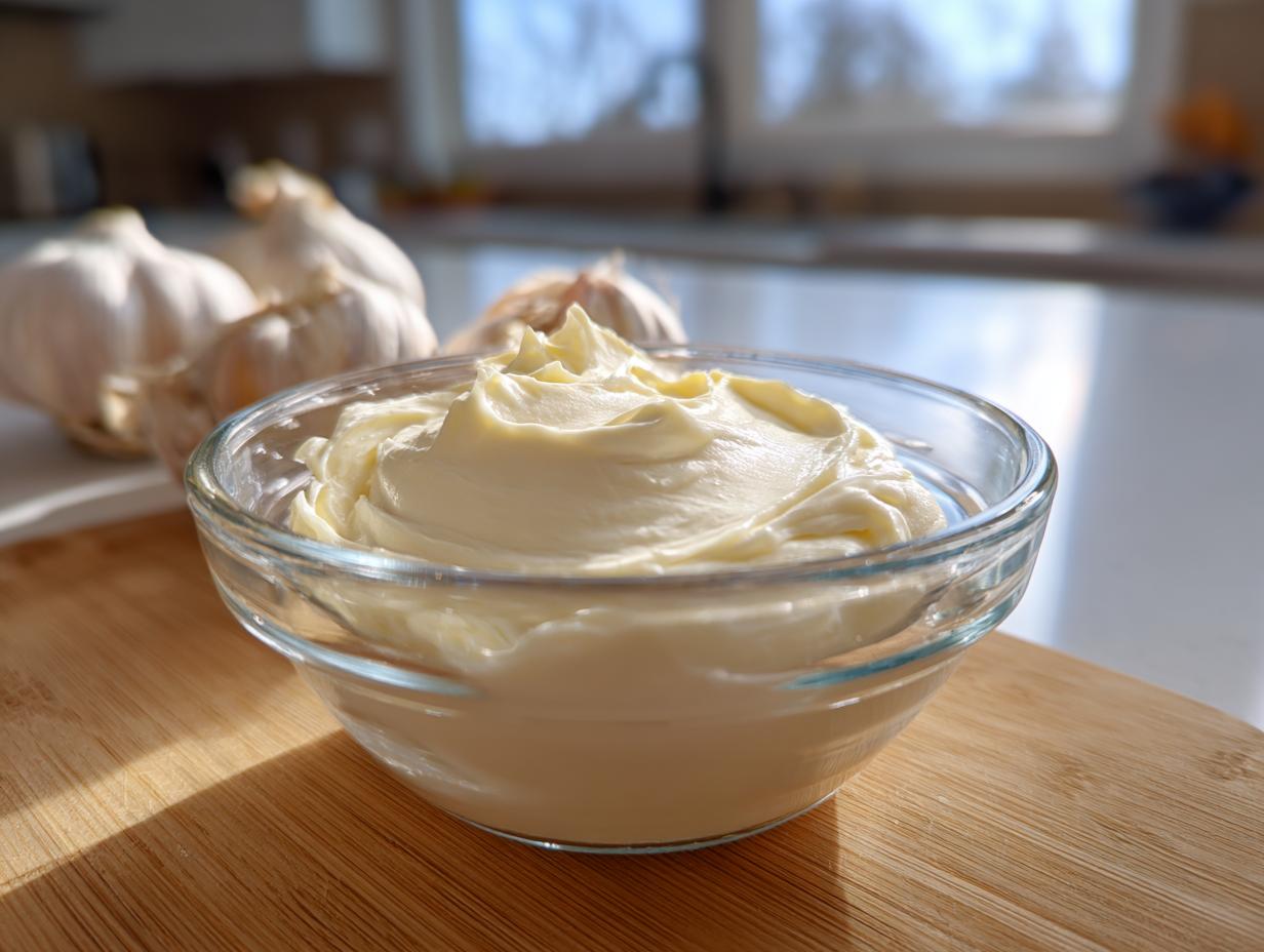 A glass bowl filled with creamy garlic aioli, with whole garlic bulbs in the background.
