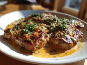 Close-up of juicy creamy garlic parmesan pork chops in a rich sauce, garnished with fresh parsley.