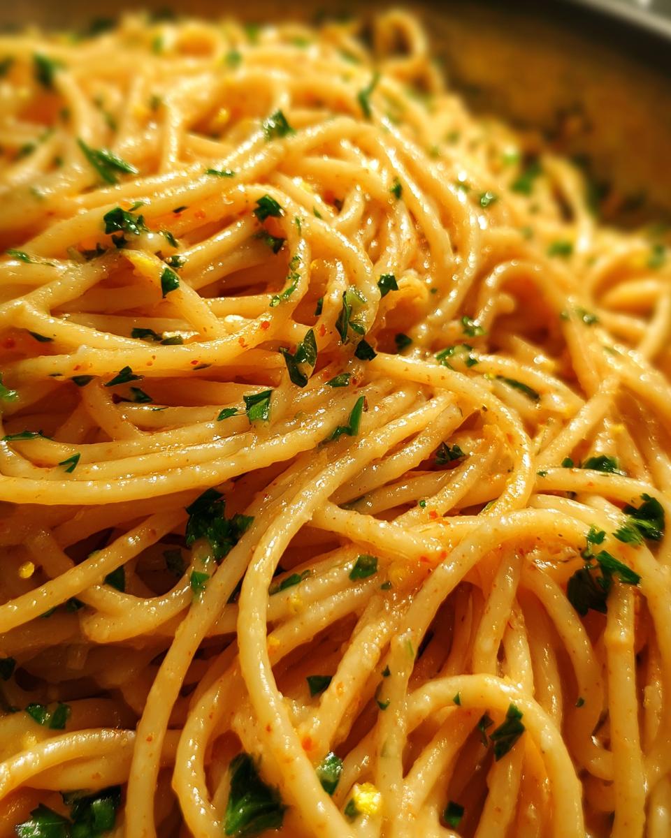 A close-up shot of delicious Creamy Lemon Pasta, coated in a rich sauce and sprinkled with fresh parsley.