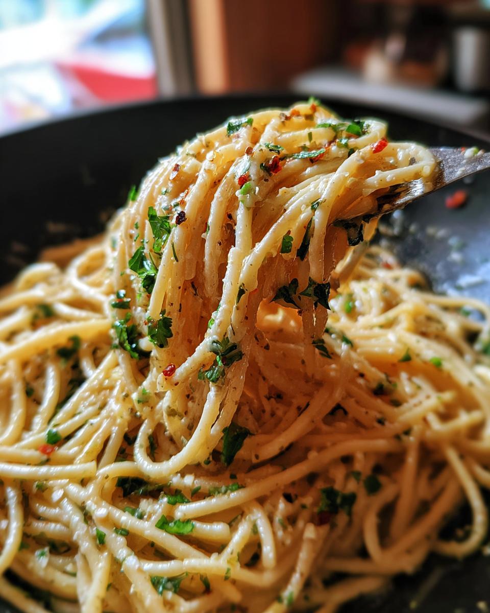 Close-up of a fork twirling Creamy Lemon Pasta, garnished with fresh parsley and red chili flakes.
