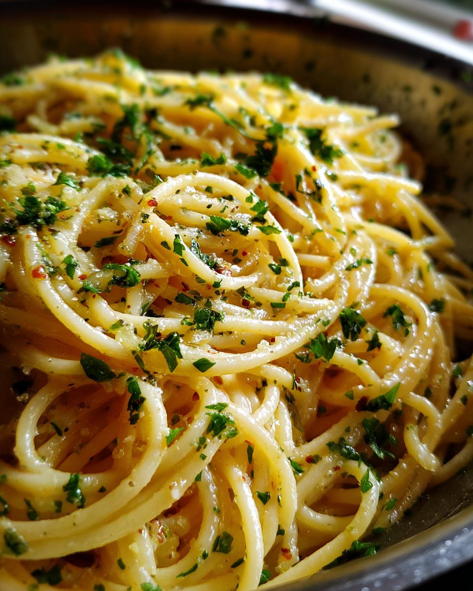 Close-up of a bowl of Creamy Lemon Pasta topped with fresh chopped parsley and red pepper flakes.