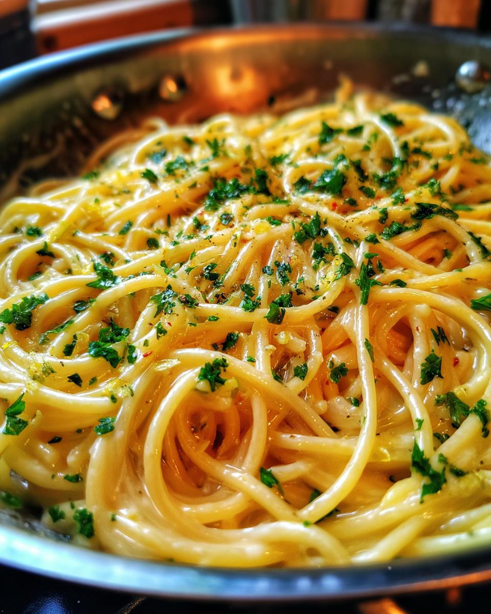 Close-up of spaghetti tossed in a creamy lemon sauce, garnished with fresh parsley, in a skillet.