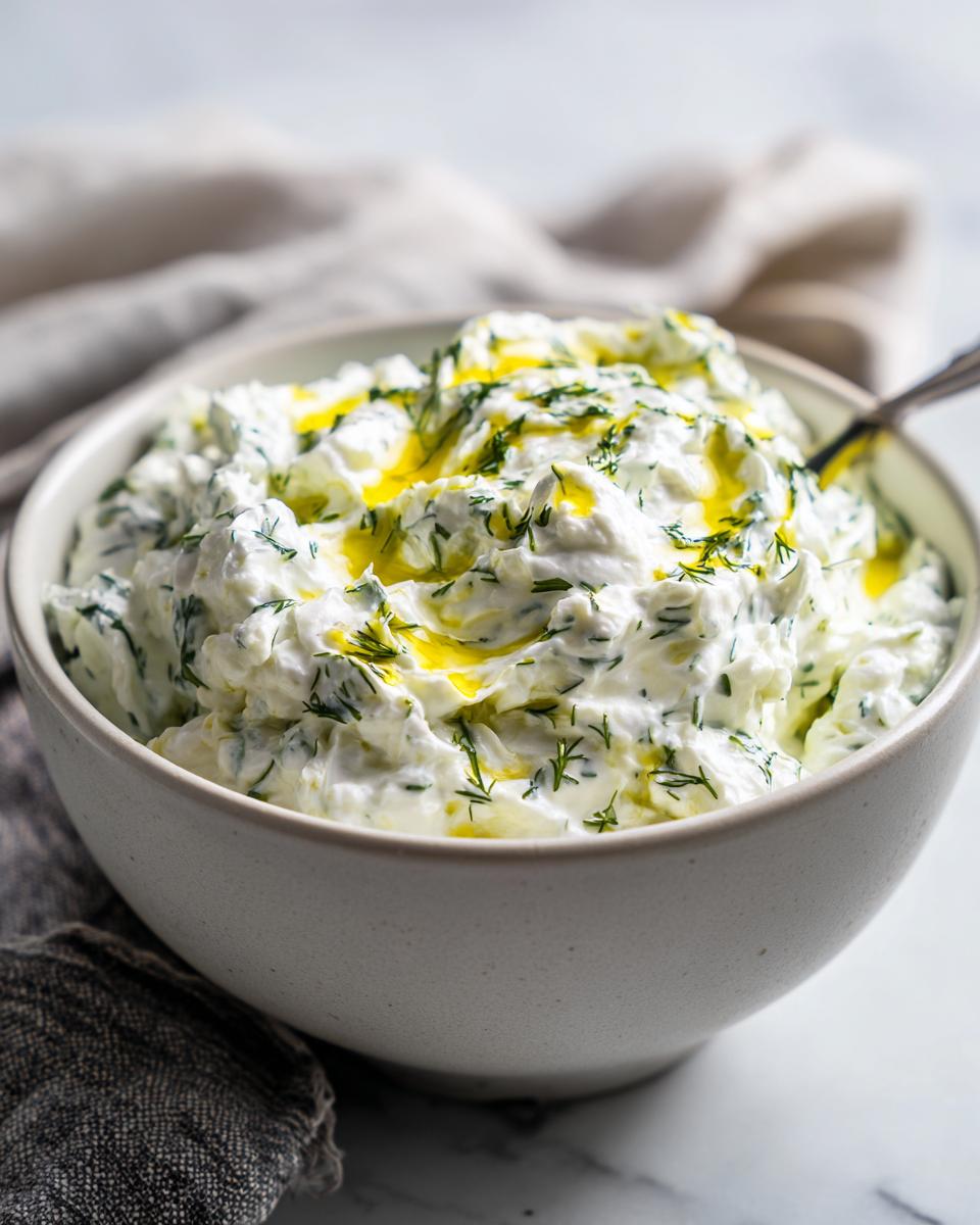 A close-up of a bowl of creamy Tzatziki sauce, drizzled with olive oil and mixed with fresh dill.